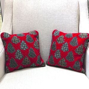 Festive Red & Green Needlepoint Christmas Tree Holiday Pillows Vintage Set of 2